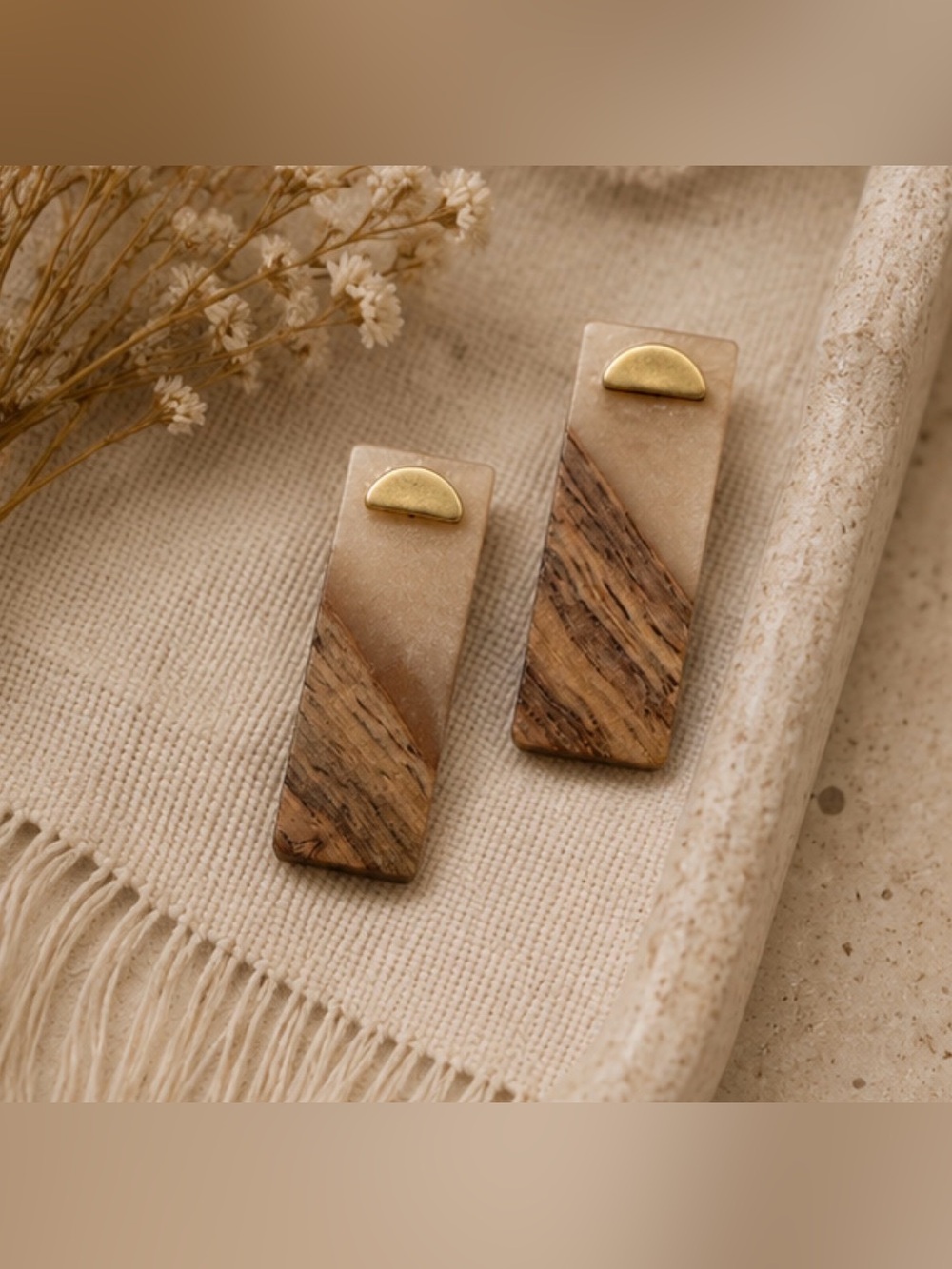 Handmade Wood & Resin Rectangle Stud Earrings – Neutral Boho Minimalist